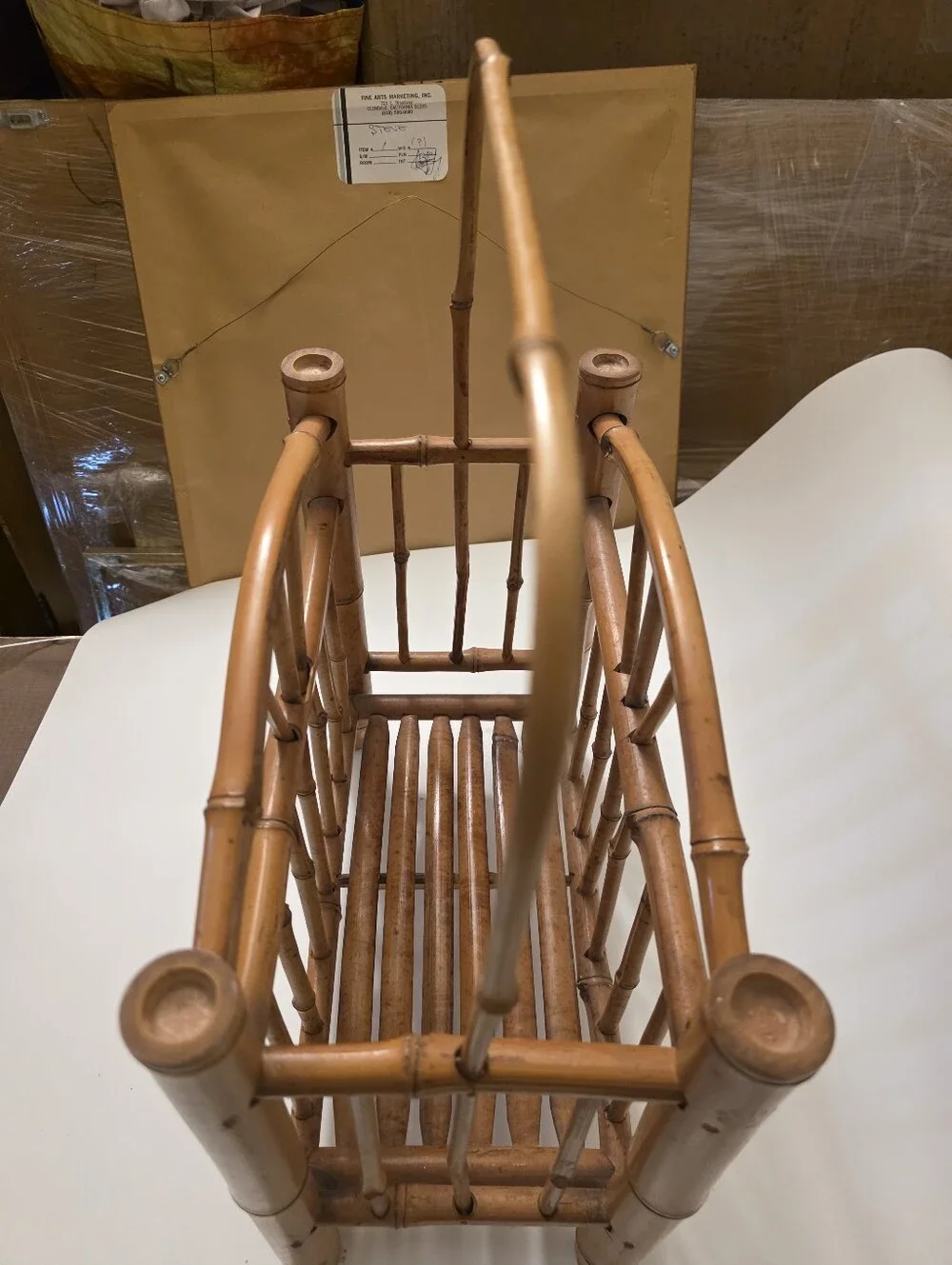 Vintage MCM Bamboo Rattan Magazine Rack Sunburst Arch Handle Boho Tiki Storage